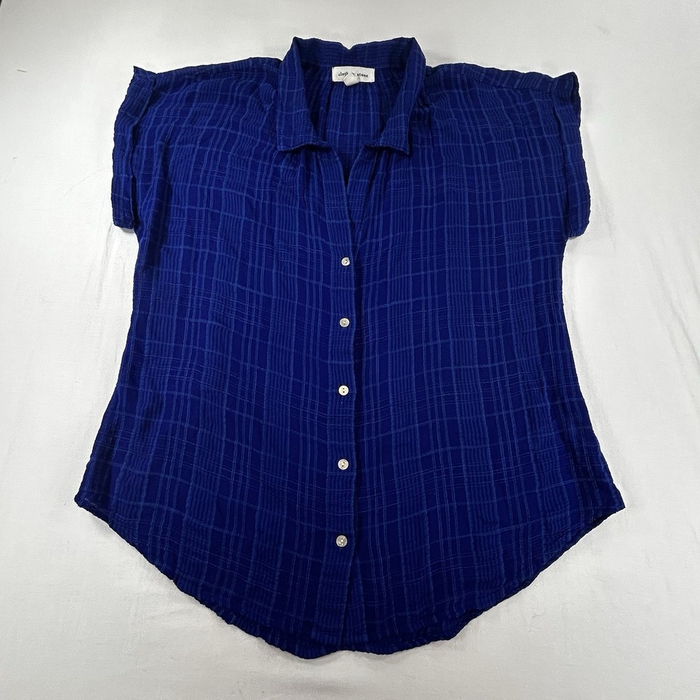 Cloth & Stone Anthropologie Sz S Blue Plaid Cap Sleeve Women Button Up Blouse